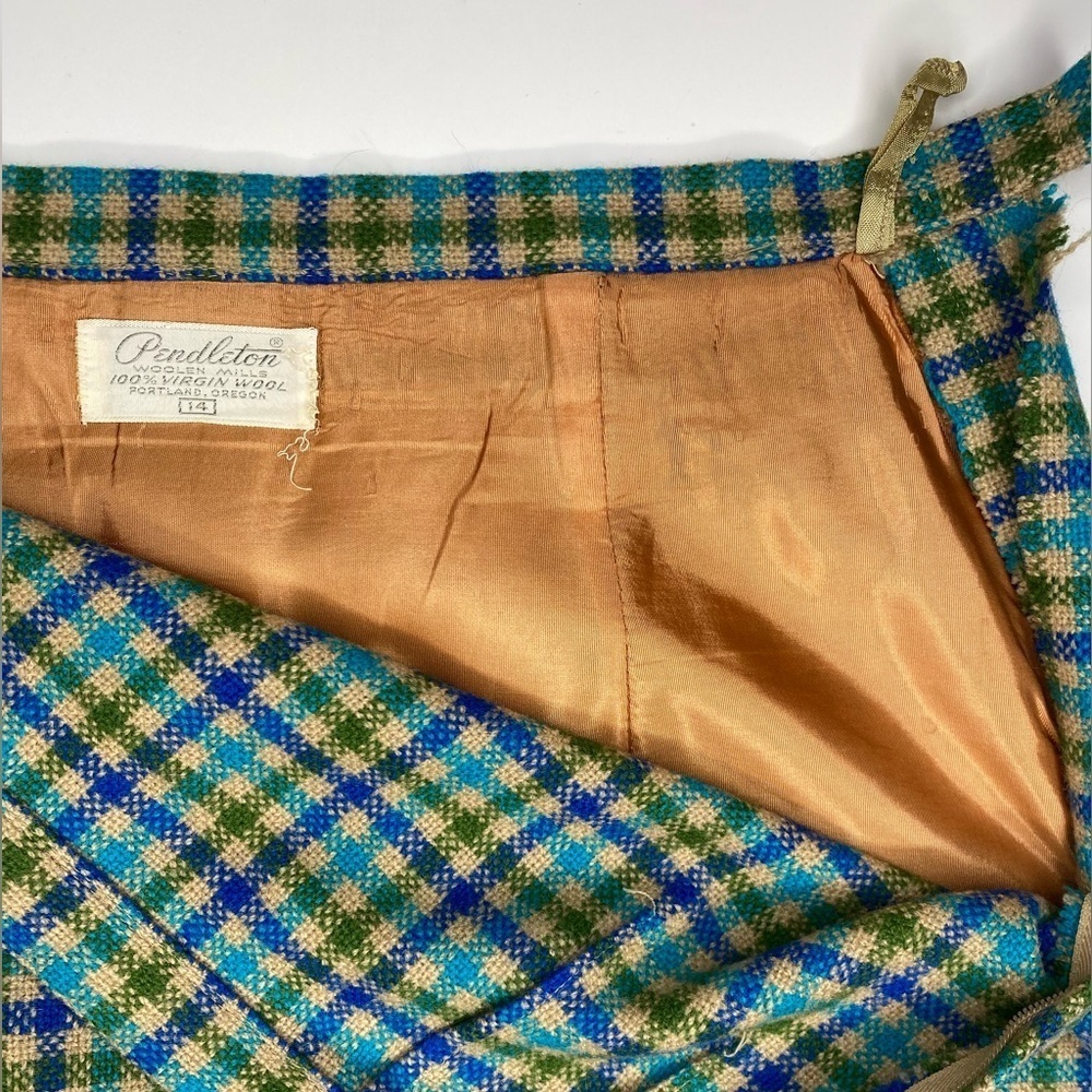 60’s Pendleton Wool Plaid 2Pc Coat Skirt Set Green, Blue, Beige Sz14 EUC - Picture 9 of 10